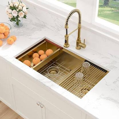 Sarlai 33 Inch Gold Undermount Kitchen Sink Double Bowl 33 x 19 Inch Low Divided Gold Workstation Double Kitchen Sink Stainless Steel 16 Gauge 60/40 Sinks Basin