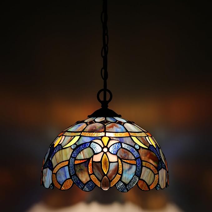 Tiffany Pendant Light Plug-in Stained Glass Hanging Lamp 12”x12”x181” Blue Baroque Swag Light Decorative Vintage Lighting for Dining Room Living Room Kitchen Hallway Bedroom