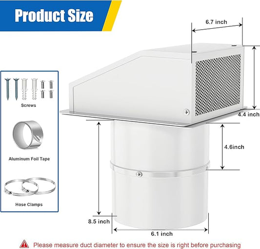 6 Inch Wall Vent with Screen & Damper, 6" Dryer Exhaust Vent Cover Cap Kit for Outdoor Laundry Room Kitchen Range Hood Vent Dryer Air Vent,Galvanized Steel - White