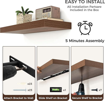 Venusmiles Floating Shelves for Wall, Engineered Wood Wall Shelves with Invisible Brackets for Living Room Bedroom Bathroom Office Kitchen Decor and Storage (Walnut, 48" W x 9" D x 1.5" H) Set of 2