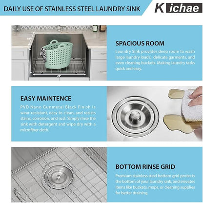 Kichae 12" Deep Laundry Sink Undermount - 24 Inch Undermount Utility Sink Stainless Steel Single Bowl Under Counter Handmade Laundry Utility Room Basin