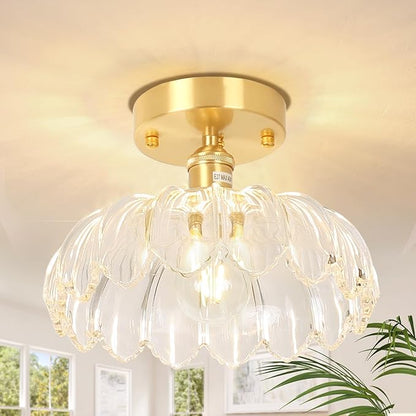 Shenmoyl Semi Flush Mount Gold Hallway Lights Fixture with Clear Scindapsus Glass, Bulb Included, 4.72" Base Vintage Ceiling Light for Porch, Kitchen, Bedroom