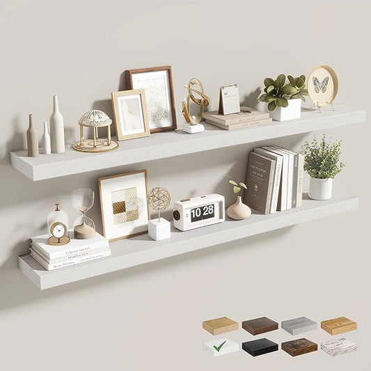Acovy 48 Inch Floating Shelves for Wall 2 Pack, 48" Wall Shelves for Books, Storage, Decor, Wall Mounted Floating Shelf with Invisible Brackets for Kitchen, Living Room, White