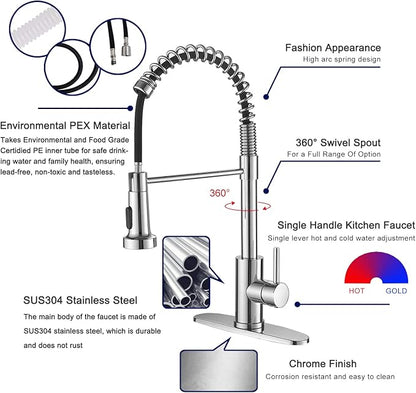 VOTON Chrome Kitchen Faucets with Pull Out Sprayer Commercial Spring Sink Faucet Stainless Steel Pull Down Single Handle Farmhouse faucets with Deck Plate for Camper Laundry Utility Rv Wet Bar