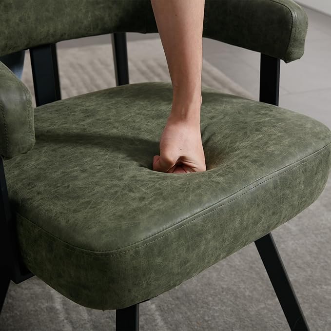 Modern Barrel Dining Chairs Set of 2, Green PU Leather Upholstered Dining Room Chairs with Arms, Comfy Kitchen Chairs with Black Metal Legs for Dinner Living Room