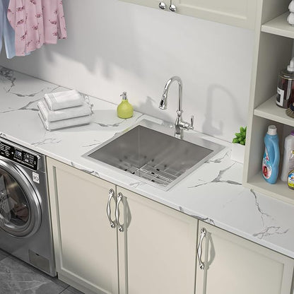 Sarlai 25 Inch Laundry Sink - 25x22 Drop In Kitchen Sink Utility Laundry 12 Inch Deep Sinks Topmount Single Bowl Stainless Steel Room Utility Tub Sinks Basin