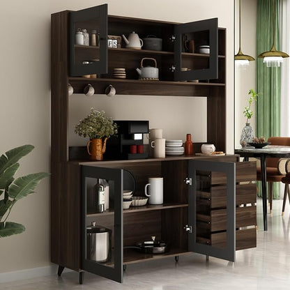 ECACAD Freestanding Kitchen Pantry Storage Cabinet with Glass Doors, Shelves & Drawers, Modern Sideboard Buffet Cabinet, Wood Kitchen Cupboard with Hutch and Hooks, Dark Brown