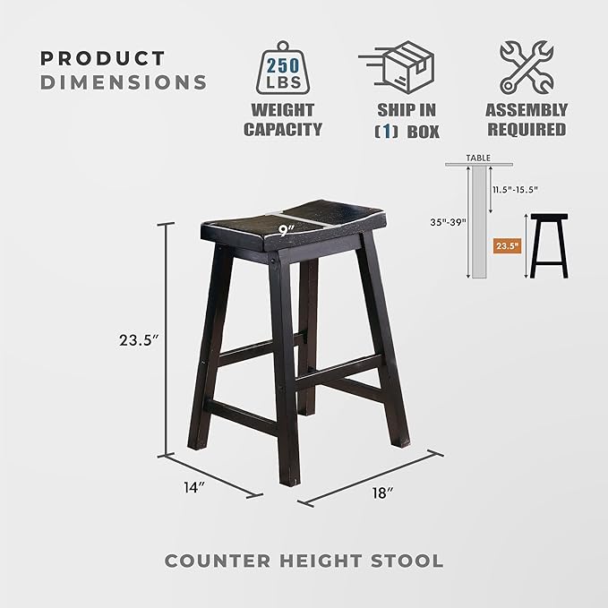 Lexicon Finnian Saddle Solid Wood Counter Height Stool Set of 2 - Saddle Kitchen Stool Dining Height Stools for Dining, Armless Counter Chair Seating, Perfect Casual - 23.5" SH Black Sand