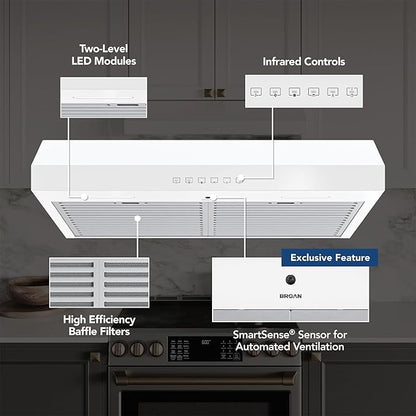 Broan-NuTone 30 Inch Glacier Under Cabinet Range Hood, ENERGY STAR, 490 Max Blower CFM - Electric Rangehood and Exhaust for Kitchen Stove Cooking and Ventilation, White