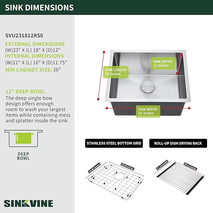 23-inch Undermount Laundry Utility Sink - SINKVINE 23x18x12 Extra Deep Stainless Steel Single Bowl Basin with Drain Strainer, Bottom Grid & Drying Unit for Laundry Room, Outdoor, Garage, Kitchen Use