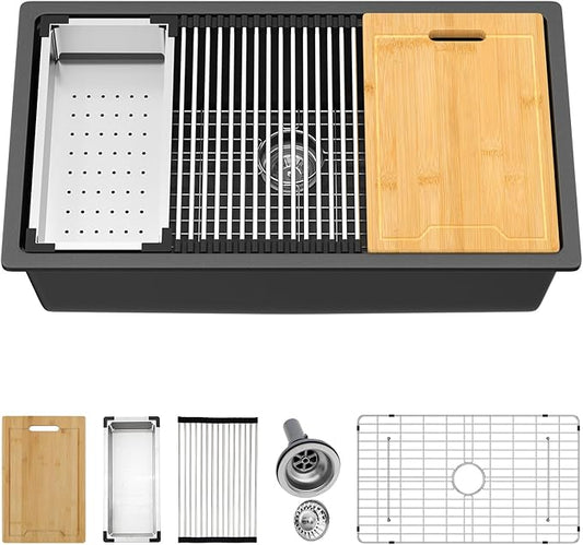 Kichae 32 inch Granite Composite Undermount Kitchen Sink - 32 x 19 Single Bowl Kitchen Sink Matte Black Quartz Workstation
