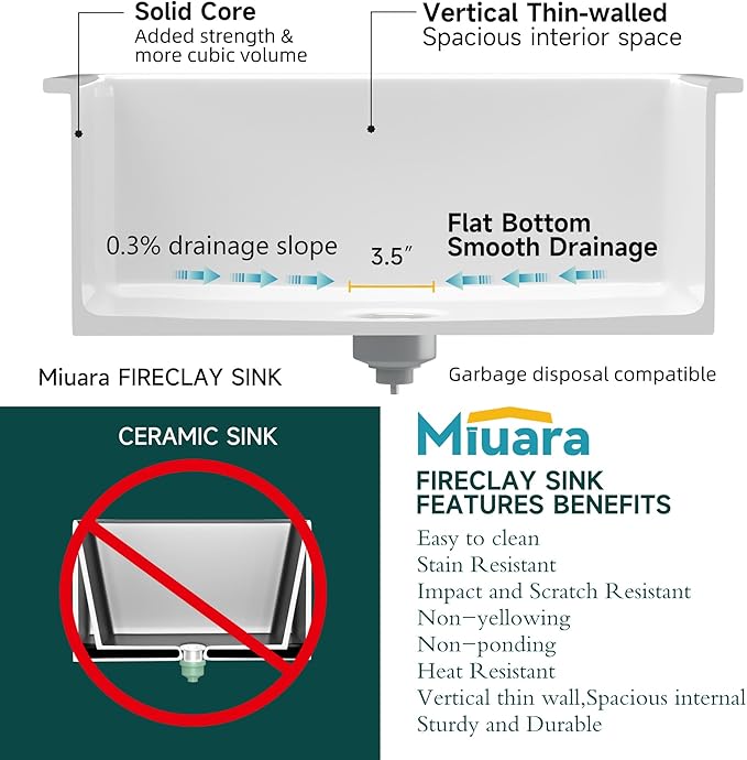 Miuara White Undermount Workstation Kitchen Sink 33 Inch - Large Topmount Fireclay Drop In Sink 33"x19"x10", Dual Mount Heavy Duty Deep Single Bowl, with 4 Custom Accessories, for Kitchen, Island