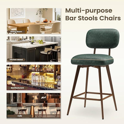 MALOL 26“ PU Leather Swivel Bar Stools Set of 4, Mid Century Counter Height Bar Chairs with Low Back and Metal Legs, Modern Bar Stool Chair for Kitchen Island, Green