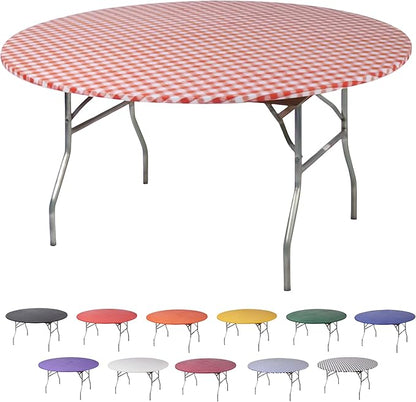 Kwik-Covers 10 Pack of Round Plastic Table Covers - 60" or 72" Round - Indoor or Outdoor Fitted Covers (Tables NOT Included) (Red Gingham, 72" Round)