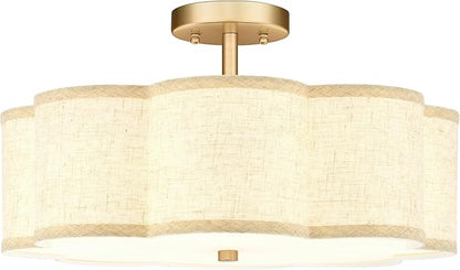 Gold Semi Flush Mount Ceiling Lights, 4-Light 18" Brass Light Fixtures Ceiling Mount with Linen Fabric Drum Shade in Flower Shape for Nursery Bedroom Kitchen Hallway, AD-22009-4SF-GD-B