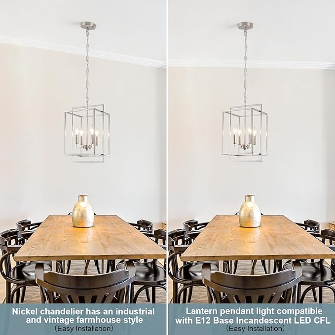Nickel Chandelier Dining Room Light Fixture Lantern Chandeliers Iron Farmhouse Pendant Light Rustic Rectangle Adjustable Height Modern Kitchen Light for Living Room Entryway