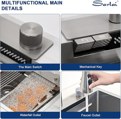 Sarlai Waterfall Kitchen Sink - 33 Inch Drop In Workstation Sink With Waterfall Stainless Steel 16 Gauge Multifunction Single Bowl Smart Top Mount Kitchen Sinks with Mechanical Keys 33x19x9 Inch