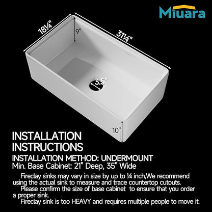 Miuara White Farmhouse Workstation Sink 31 Inch - Fireclay Apron Front Kitchen Sink Reversible 31"x18"x10", Farm House Style, Heavy Duty Deep Single Bowl, Undermount Installation, for Kitchen