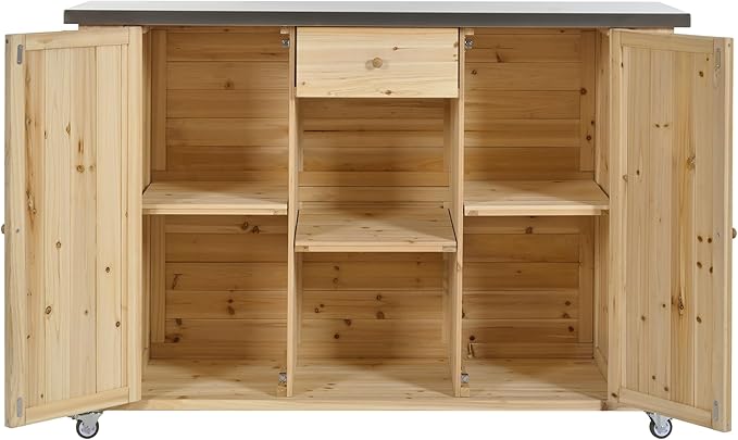 Flieks Outdoor Kitchen Island Fir Wood Kitchen Island with Stainless Steel Top, Ample Storage Space, Towel and Spice Racks and a Bottle Opener for Outdoor, Natural