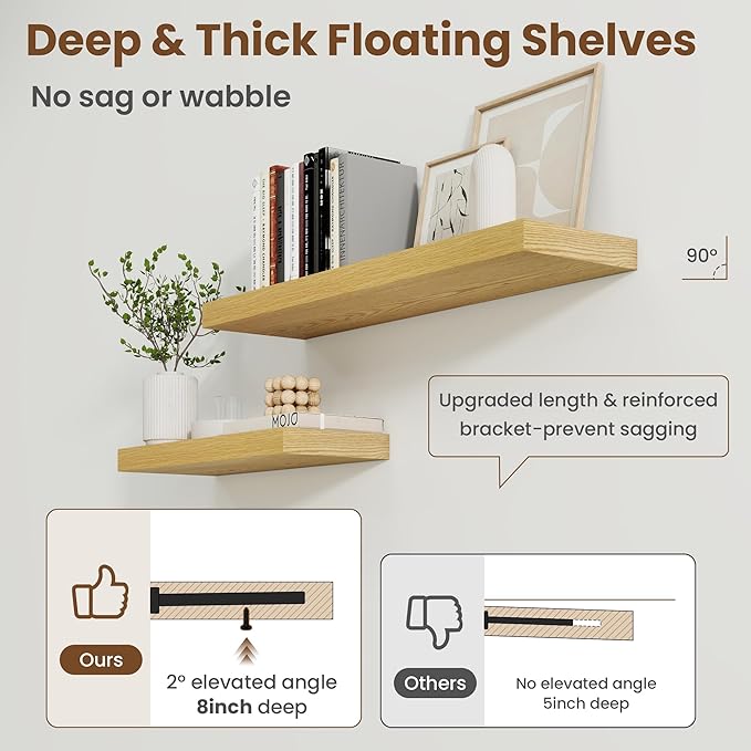 40 Inch Floating Shelves for Wall, 8 Inch Deep Floating Shelf for Storage & Display, Rustic Wall Mounted Shelf with Invisible Brackets for Living Room, Kitchen, Bathroom, Home Decor, Set of 2, Oak