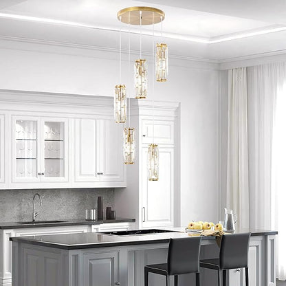 LMQNINE Pendant Light, Gold Modern Pendant Light Fixtures, Mini Crystal Chandeliers, Adjustable 5-Light Pendant Lighting for Kitchen Island Dinning Room Bedroom (Gold 5-Light)