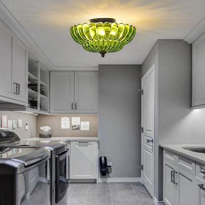Modern Black Ceiling Light Fixture, 12" Green Glass Flush Mount Chandeliers, Semi Flush Mount Ceiling Light Fixture Suitable for Living Room Hallway Kitchen Bedroom