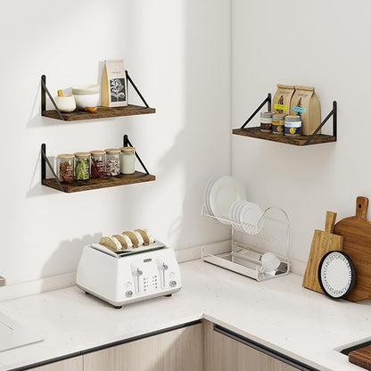 Heimlove Floating Shelves for Wall Set of 3,Light Wood Wall Mounted Bookshelf Decorative Shelf for Living Room Bathroom Bedroom Kitchen Laundry Pictures Plants Books Cats TV,Rustic Brown