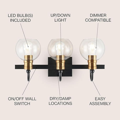 JONATHAN Y 21.5" Black/Brass Gold Vintage Wall Sconce, LED Vanity Light for Bathroom Bedroom Entryway, Clear Glass Globe Shade, Modern Industrial Arched Lamp, LED Bulb Included (JYL3528A)