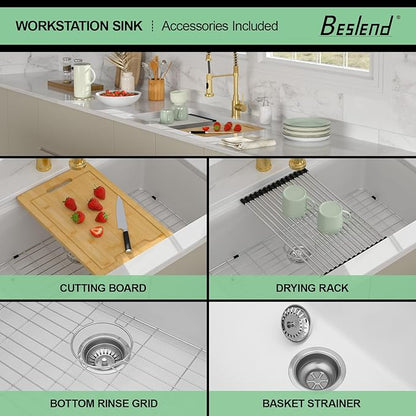 32 Granite Composite Kitchen Sink - 32x19 Inch White Granite Kitchen Sink Undermount White Quartz Sinks Ledge Workstation Classic Under Counter Single Bowl Basin