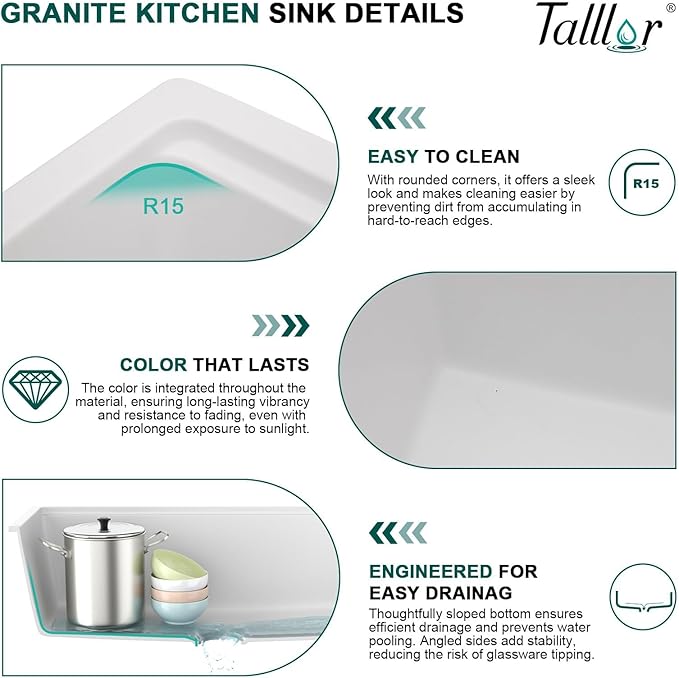 33 Inch White Granite Composite Undermount Kitchen Sink, Single Bowl Classic Quartz-Based Composite Workstation All-In One Sink with Mixing Bowl and Pasta Strainer #TLGU-122