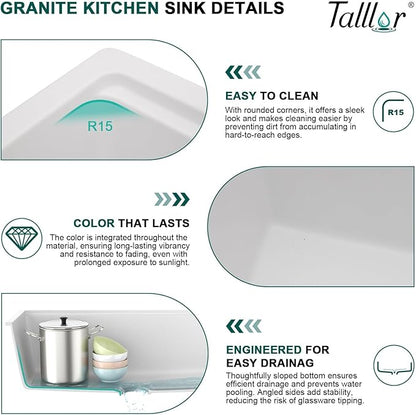 30 White Undermount Kitchen Sink-Granite Composite Single Bowl Workstation All-In One Classic Quartz Kitchen SInk with Mixing Bowl, Cutting Board and Pasta Strainer #TLGU-123