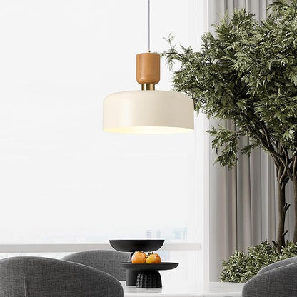 Modern Pendant Lighting,12 inch,Natural Wood and Brass Accent,Adjustable Pendant Light Fixtures for Kitchen Island,Dining Room,Soft Cream