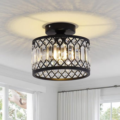 GreeLustr Crystal Black Ceiling Light Fixture, Modern Semi Flush Mount Ceiling Light, Round Hallway Chandelier Lighting for Foyer Bedroom Entryway Laundry Room, 1-Light, E26 (Bulb not Included)