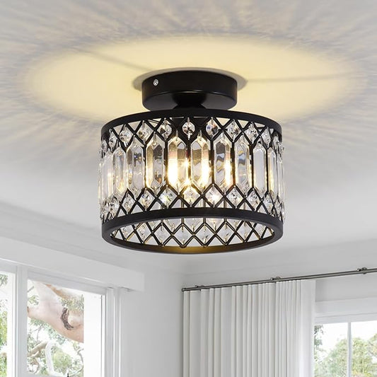 GreeLustr Crystal Black Ceiling Light Fixture, Modern Semi Flush Mount Ceiling Light, Round Hallway Chandelier Lighting for Foyer Bedroom Entryway Laundry Room, 1-Light, E26 (Bulb not Included)