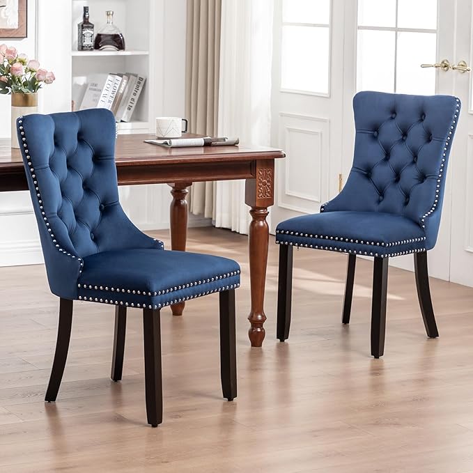 Eifizek Velvet Dining Chairs Set of 2, Tufted Dining Room Chairs with Nailhead Ring Pull Trim, Upholstered Dining Chairs with Solid Wood Legs for Kitchen Dining Room (Blue)