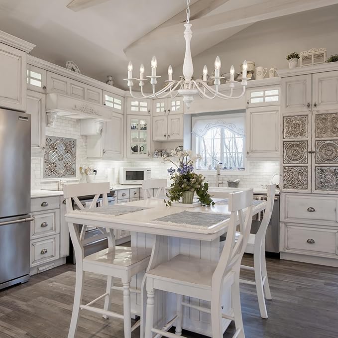 ALISADABOY White Chandelier Farmhouse Antique Chandeliers for Dining Room French Country 8 Light Rustic Entryway Hanging Light Fixture for Kitchen Island Hallway Vintage Pendant Lighting