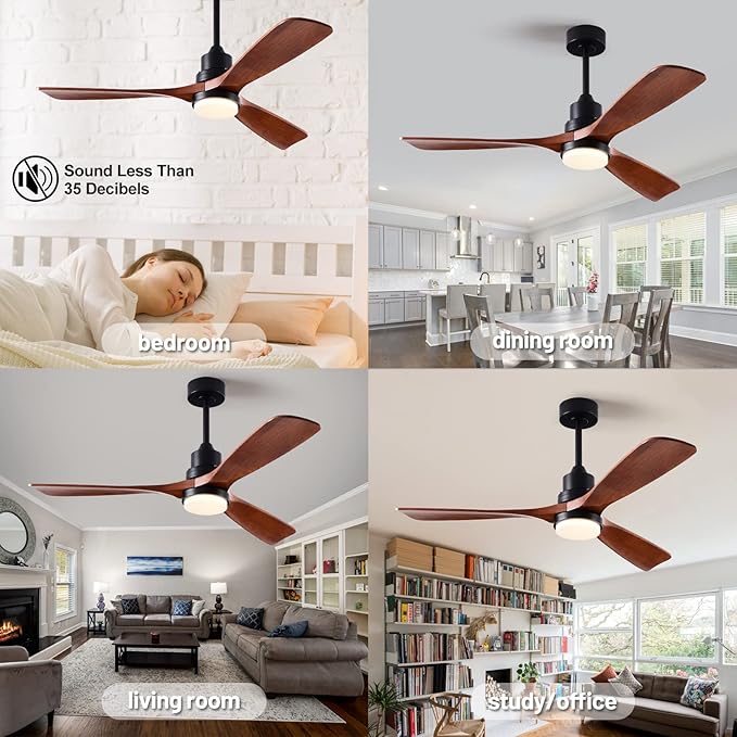 52 Inch Ceiling Fans with Lights and Remote, Quiet Reversible DC Motor and 3 Color Dimmable Light, 3 Blades 6 Speed Wood Ceiling Fan for Farmhouse Living Room Bedroom Dining Room Workroom Study