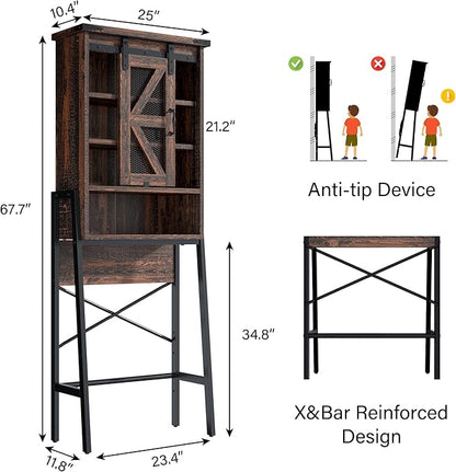 kepptory Over The Toilet Storage Cabinet with Sliding Barn Door, Over Toilet Bathroom Organizer with Adjustable Shelves and Metal Frame, Farmhouse Space Saver The Toilet Rack (Brown)