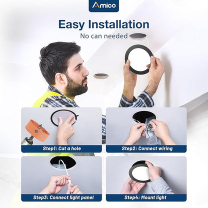 Amico 1 Pack 6 Inch 5CCT Ultra-Thin LED Recessed Ceiling Light with J-Box, 2700K/3000K/3500K/4000K/5000K Selectable, 12W Eqv 110W, Dimmable Canless Downlight, 1050LM High Brightness, Black - ETL