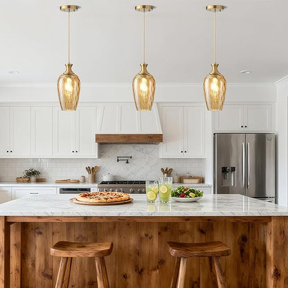 Glass Pendant Lights Kitchen Island, 1-Light Gold Pendant Light Fixtures with Hammered Amber Glass, Vintage Hanging Light for Kitchen Sink Dining Room Bedroom, E26