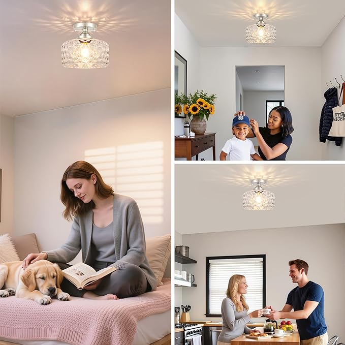 Daunton Small Semi Flush Mount Ceiling Light Fixture, Vintage Brushed Nickel Close to Ceiling Lighting with Hammered Glass Shade for Hallway, Kitchen, Entryway (Retro Design, Easy Install)