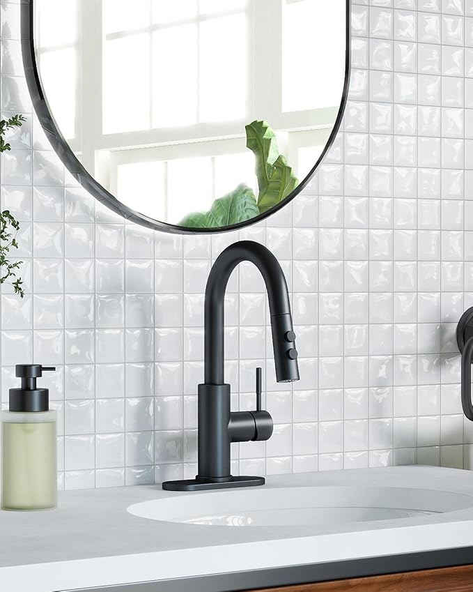 Fransiton Bathroom Faucets with Pull Down Sprayer, Bar Sink Faucet Single Hole for Kitchen Campers with Pop-Up Drain Hose, Suitable for Farmhouse Vanity Lavatory