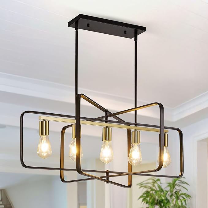 WJShome Farmhouse Chandelier, 5-Light Dining Room Light Fixture Over Table, Hanging Pendant Lights Kitchen Island Linear Chandelier, Black and Gold Rustic Chandeliers for Dining Room