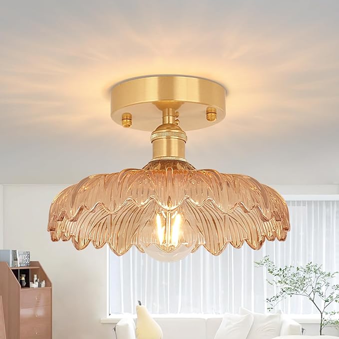 Shenmoyl Semi Flush Mount Vintage Lights Fixture with Amber Flower Glass, Bulb Included, 4.72" Base Modern Ceiling Light for Porch, Kitchen, Bedroom