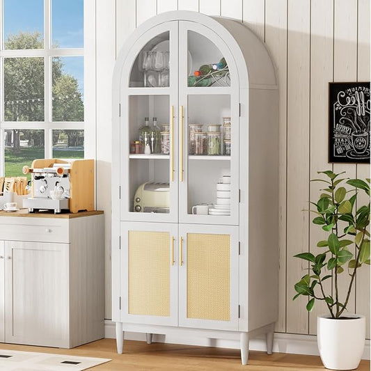 71” Tall Arched Kitchen Pantry Cabinet, 5-Tier Modern Farmhouse Flute Pantry with Adjustable Shelves, Kitchen Storage Cabinet for Kitchen, Dining Room, Living Room, White