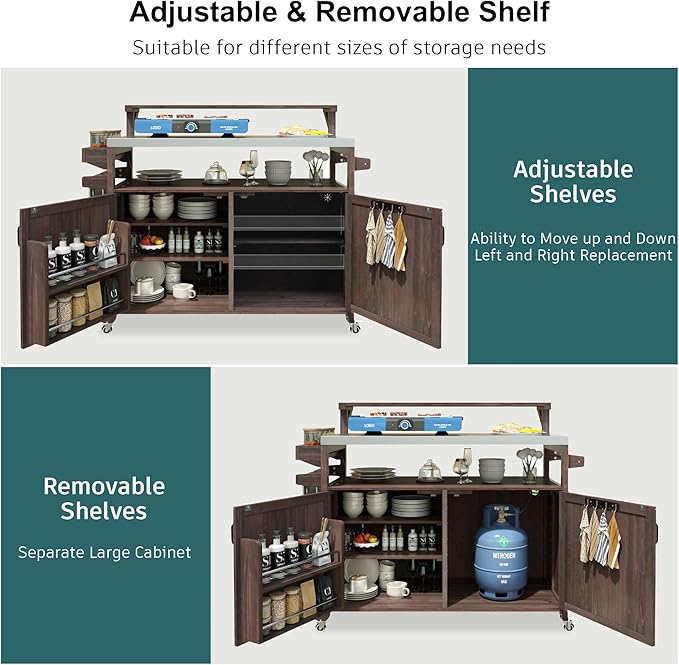 YOPTO 53.3" Outdoor Kitchen Island with Raised Shelf,Solid Wood Grill Cart,Stainless Steel Top,Adjustable Shelf,Spice Rack,Lockable Wheels,Brown
