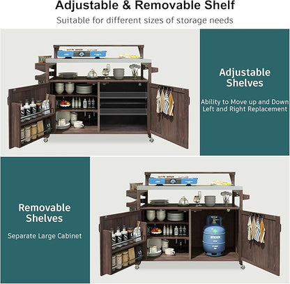 YOPTO 53.3" Outdoor Kitchen Island with Raised Shelf,Solid Wood Grill Cart,Stainless Steel Top,Adjustable Shelf,Spice Rack,Lockable Wheels,Brown