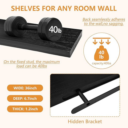 ROGMARS Black Wooden Floating Shelves for Wall 36 Inches Long,Rustic Solid Wood Farmhouse Wall Shelves with Invisible Brackets for Bathroom, Living Room, Bedroom, Kitchen Set of 3