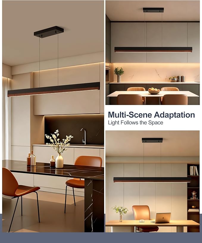 43" Wood Linear Pendant Light, 24W LED Dimmable Kitchen Hanging Lights, Pendant Lights Kitchen Island with Remote, Linear Chandelier for Dining Room, Kitchen Island, Bar, Pool Table-Walnut