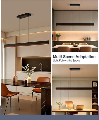 43" Wood Linear Pendant Light, 24W LED Dimmable Kitchen Hanging Lights, Pendant Lights Kitchen Island with Remote, Linear Chandelier for Dining Room, Kitchen Island, Bar, Pool Table-Walnut